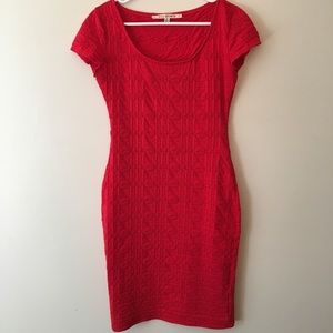 Red form fitting midi dress